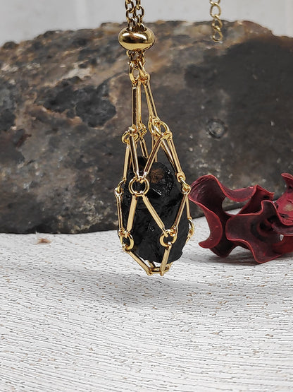 Natural Raw Tourmaline Necklace, Crystal Cage, Crystal Holder Pendant Necklace, Rough Black Tourmaline Necklace, Healing Protection Jewelry