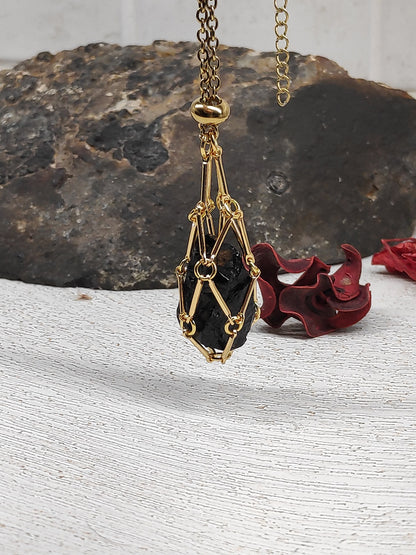 Natural Raw Tourmaline Necklace, Crystal Cage, Crystal Holder Pendant Necklace, Rough Black Tourmaline Necklace, Healing Protection Jewelry
