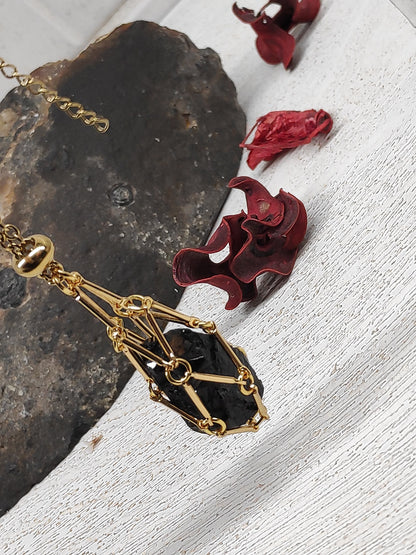 Natural Raw Tourmaline Necklace, Crystal Cage, Crystal Holder Pendant Necklace, Rough Black Tourmaline Necklace, Healing Protection Jewelry