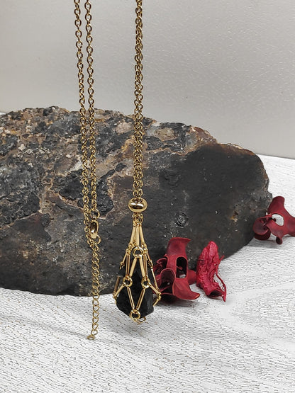 Natural Raw Tourmaline Necklace, Crystal Cage, Crystal Holder Pendant Necklace, Rough Black Tourmaline Necklace, Healing Protection Jewelry