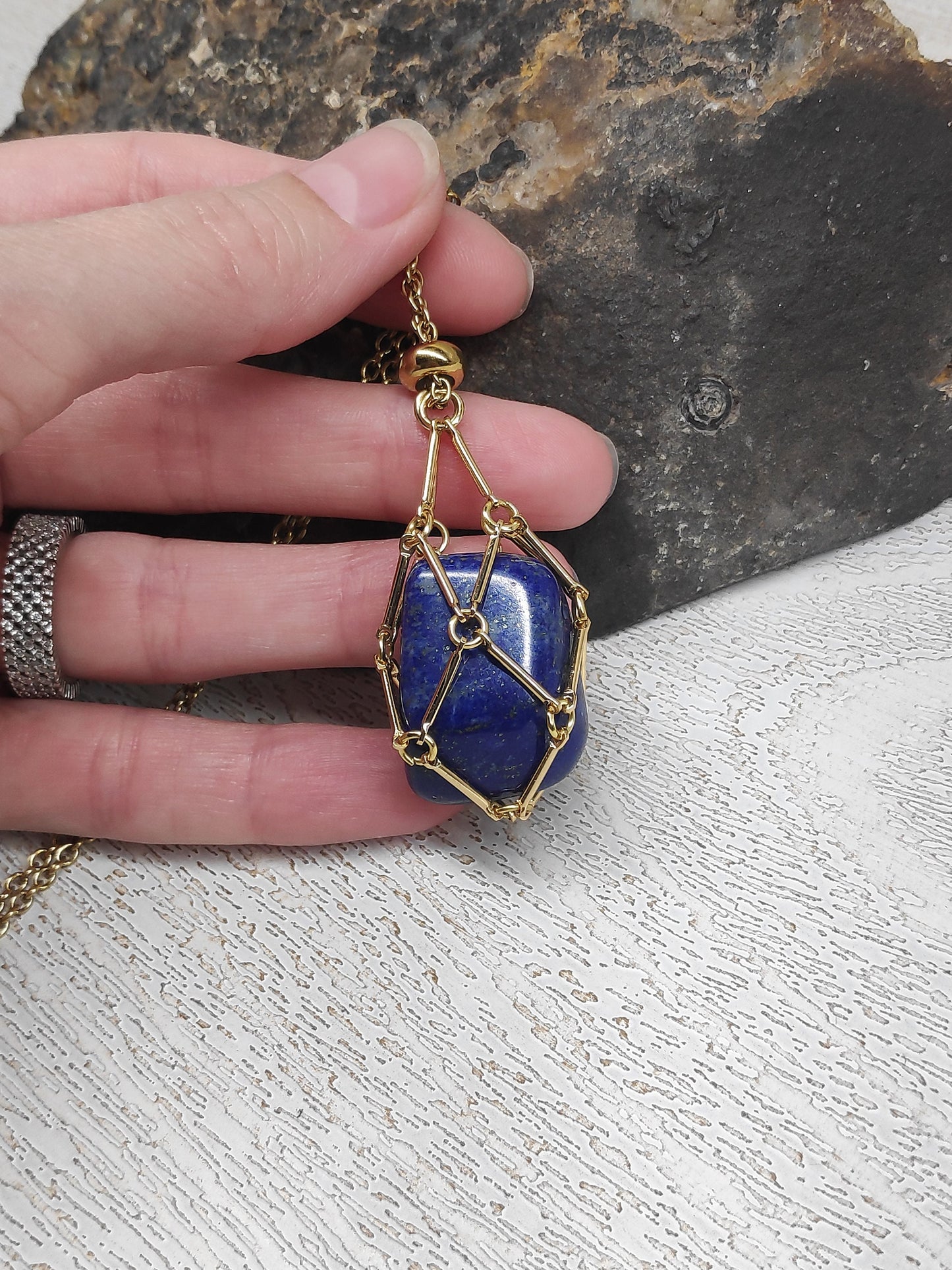 Lapis lazuli Necklace, Metal Cage Crystal Holder Pendant Necklace, Natural Lapis Pendant, Gemstone,Protection Healing, lapis Jewelry