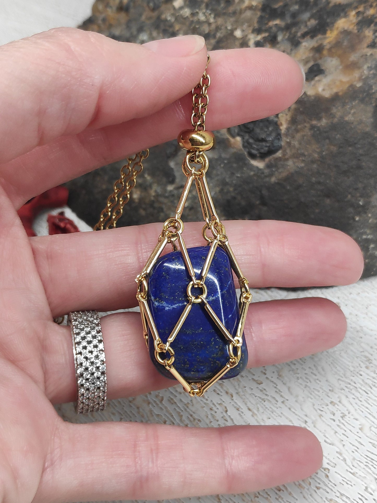 Lapis lazuli Necklace, Metal Cage Crystal Holder Pendant Necklace, Natural Lapis Pendant, Gemstone,Protection Healing, lapis Jewelry
