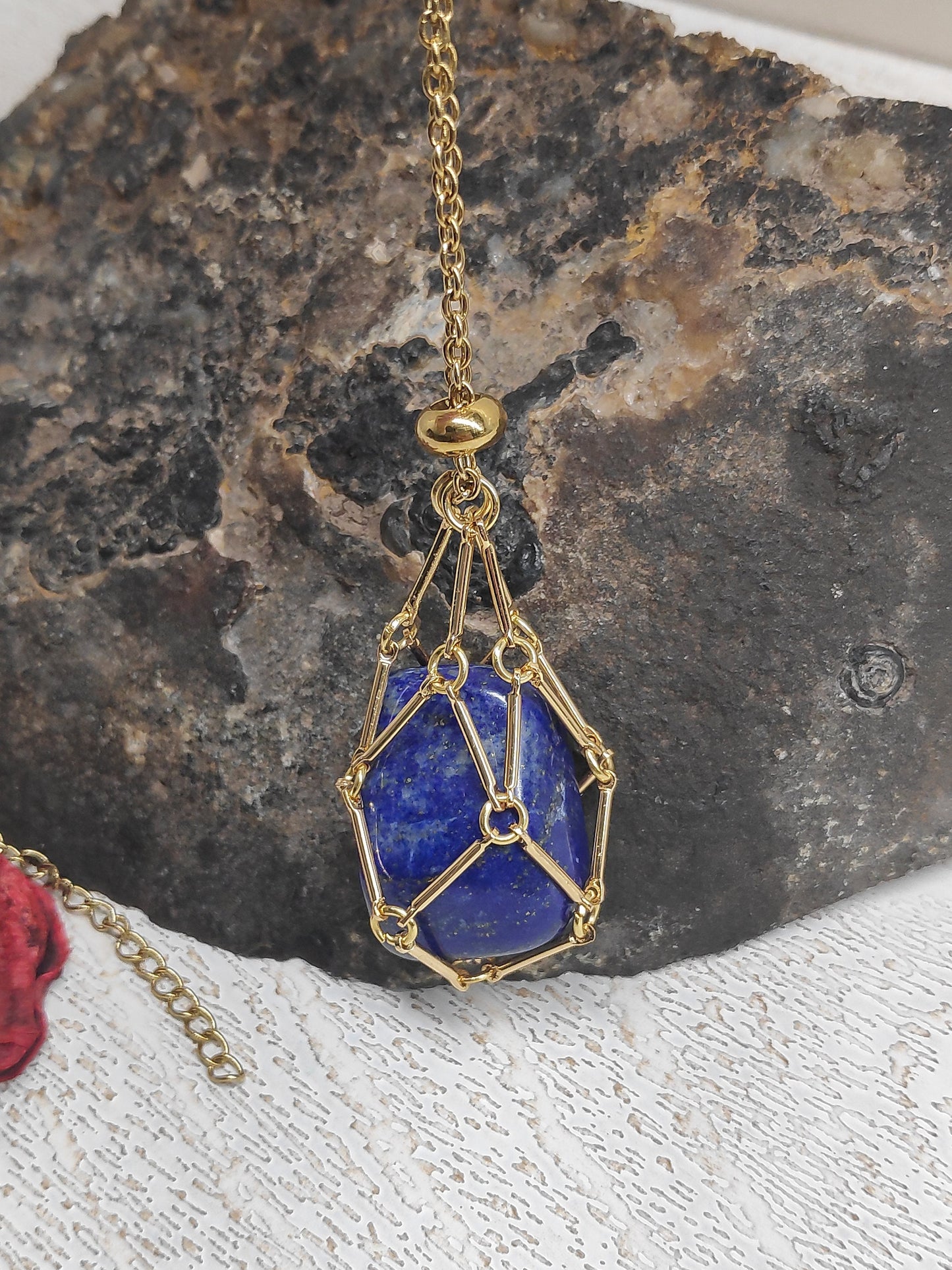 Lapis lazuli Necklace, Metal Cage Crystal Holder Pendant Necklace, Natural Lapis Pendant, Gemstone,Protection Healing, lapis Jewelry