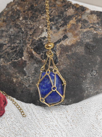 Lapis lazuli Necklace, Metal Cage Crystal Holder Pendant Necklace, Natural Lapis Pendant, Gemstone,Protection Healing, lapis Jewelry
