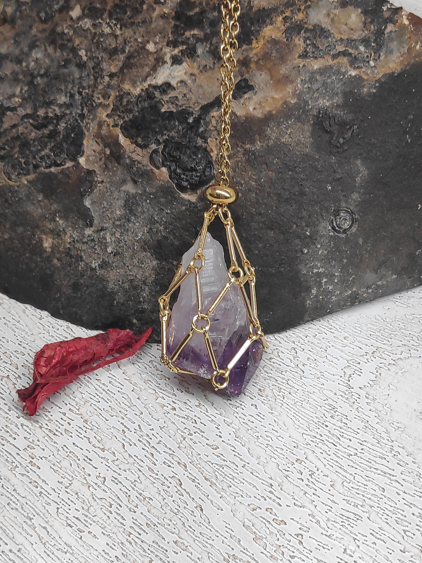 Raw Amethyst, Raw Citrine Necklace crystal Cage Pendant,Crystal Holder Pendant Necklace,Natural Amethyst Pendant Protection Healing Gemstone