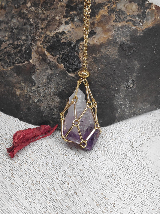 Raw Amethyst, Raw Citrine Necklace crystal Cage Pendant,Crystal Holder Pendant Necklace,Natural Amethyst Pendant Protection Healing Gemstone