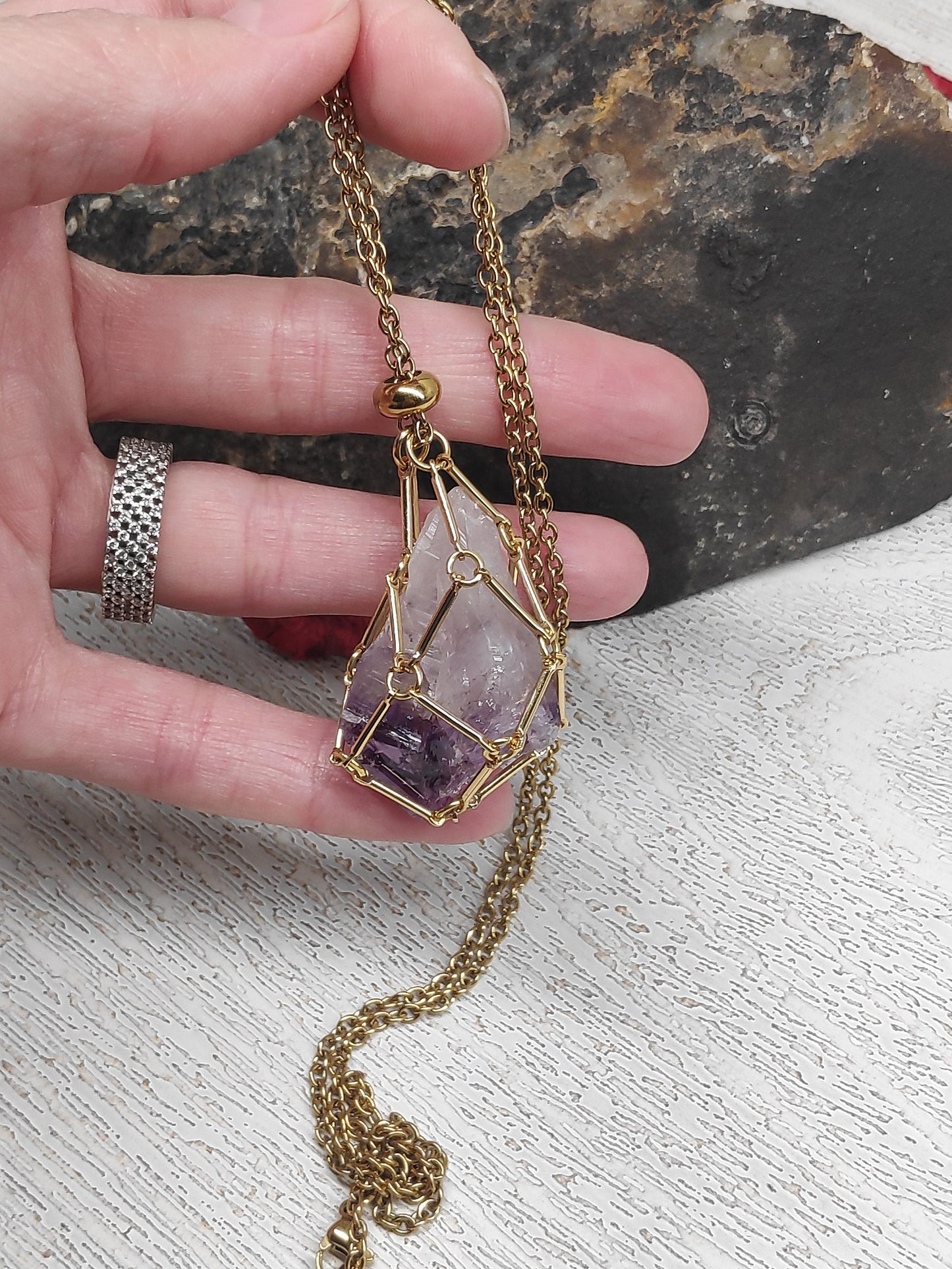 Raw Amethyst, Raw Citrine Necklace crystal Cage Pendant,Crystal Holder Pendant Necklace,Natural Amethyst Pendant Protection Healing Gemstone