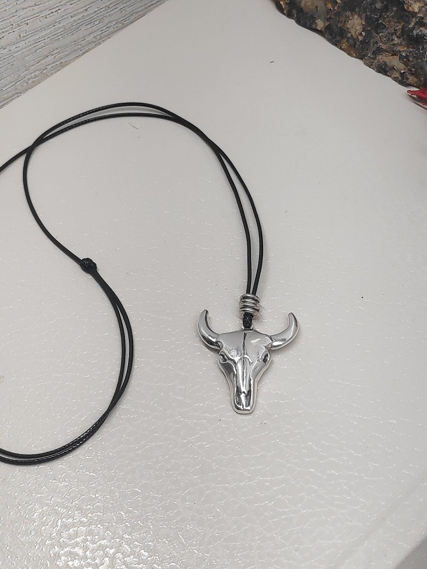Bull Head Pendant Necklace for Men, Bull Skull Stainless Steel Pendant Men, Adjustable Black Cord Necklace, Western Pendant Necklace