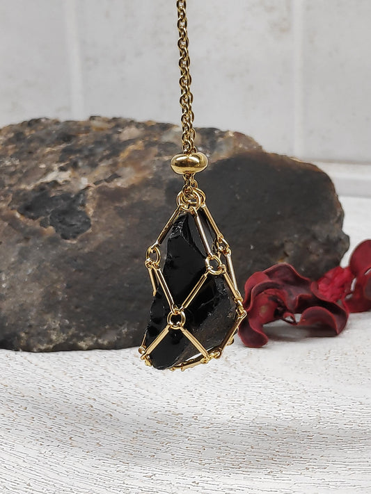 Raw Obsidian Necklace, Stainless Steel Cage Replaceable Crystal Pendant Necklace, Rough Black Obsidian Pendant, Protection Jewelry women