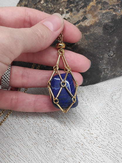 Lapis lazuli Necklace, Metal Cage Crystal Holder Pendant Necklace, Natural Lapis Pendant, Gemstone,Protection Healing, lapis Jewelry