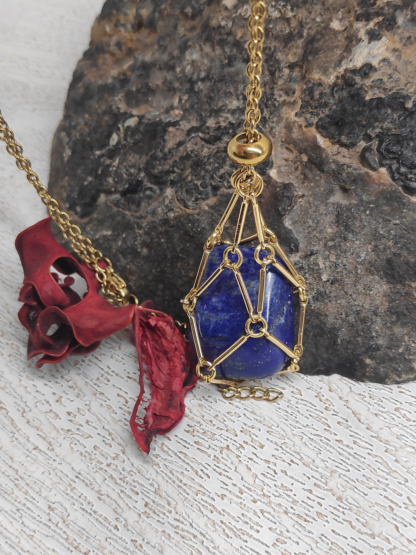 Lapis lazuli Necklace, Metal Cage Crystal Holder Pendant Necklace, Natural Lapis Pendant, Gemstone,Protection Healing, lapis Jewelry