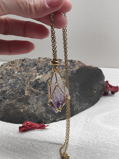 Raw Amethyst, Raw Citrine Necklace crystal Cage Pendant,Crystal Holder Pendant Necklace,Natural Amethyst Pendant Protection Healing Gemstone