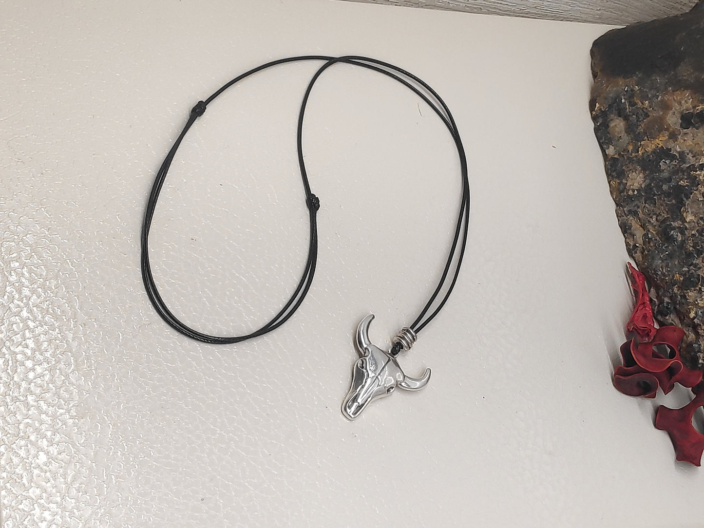 Bull Head Pendant Necklace for Men, Bull Skull Stainless Steel Pendant Men, Adjustable Black Cord Necklace, Western Pendant Necklace