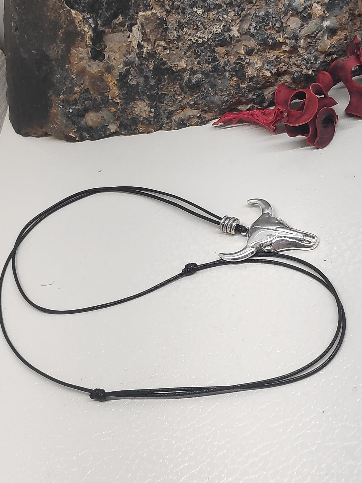 Bull Head Pendant Necklace for Men, Bull Skull Stainless Steel Pendant Men, Adjustable Black Cord Necklace, Western Pendant Necklace
