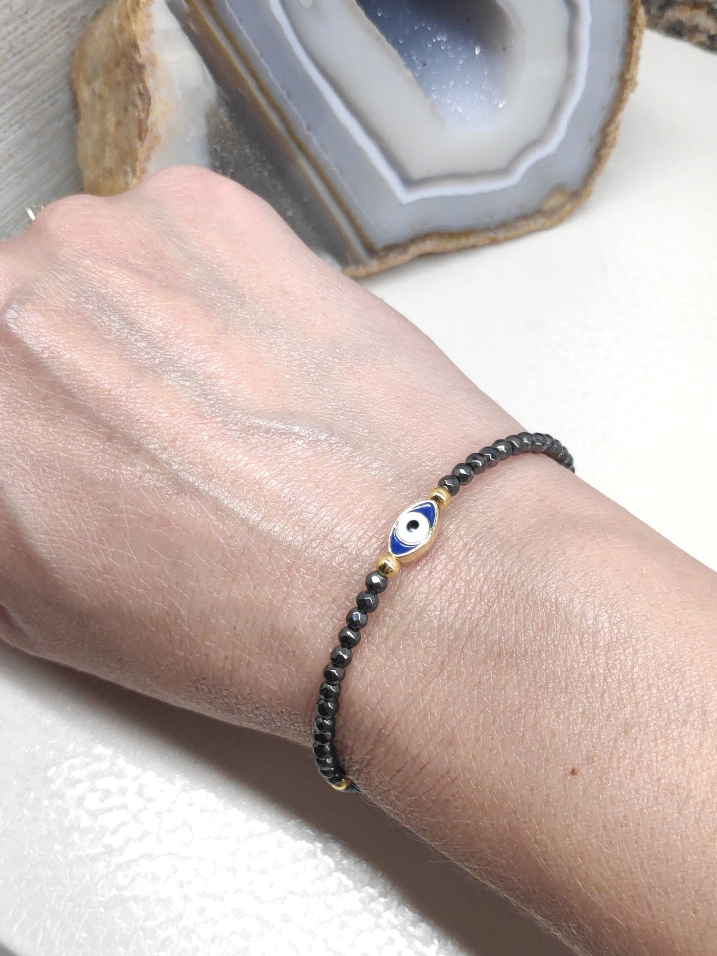 Evil eye bracelet, Faceted Hematite beaded bracelet,  Healing Stone  Grounding Protection Gemstone handmade jewelry, gift for girlfriend