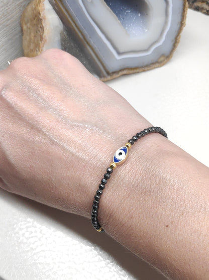 Evil eye bracelet, Faceted Hematite beaded bracelet,  Healing Stone  Grounding Protection Gemstone handmade jewelry, gift for girlfriend