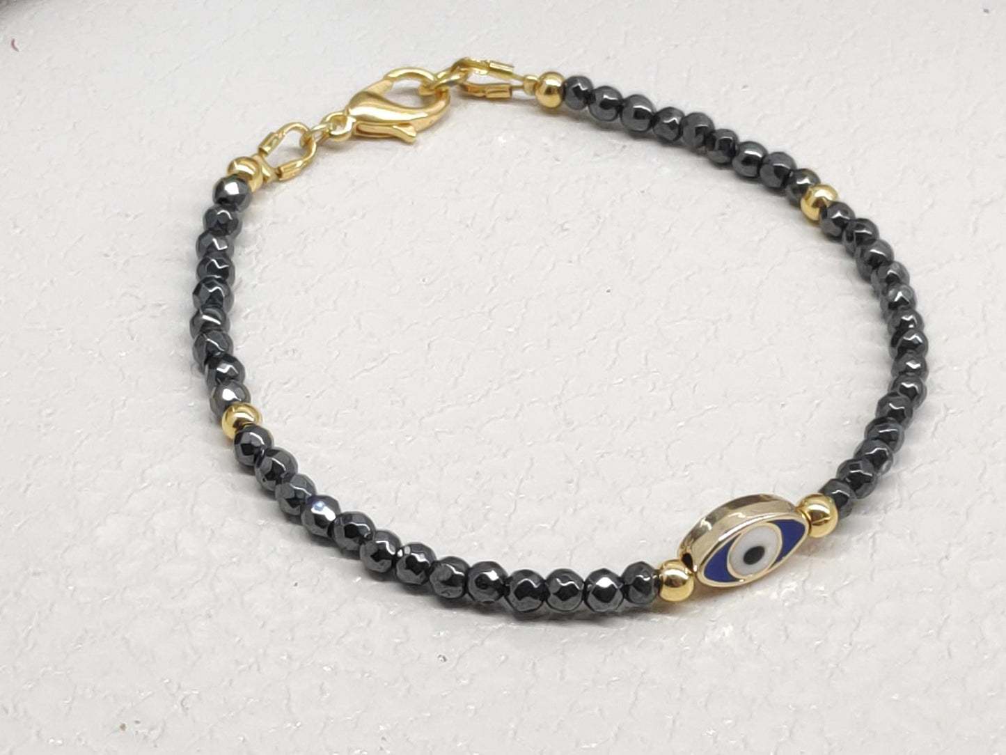 Evil eye bracelet, Faceted Hematite beaded bracelet,  Healing Stone  Grounding Protection Gemstone handmade jewelry, gift for girlfriend