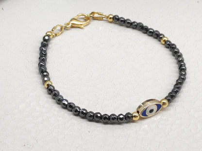 Evil eye bracelet, Faceted Hematite beaded bracelet,  Healing Stone  Grounding Protection Gemstone handmade jewelry, gift for girlfriend