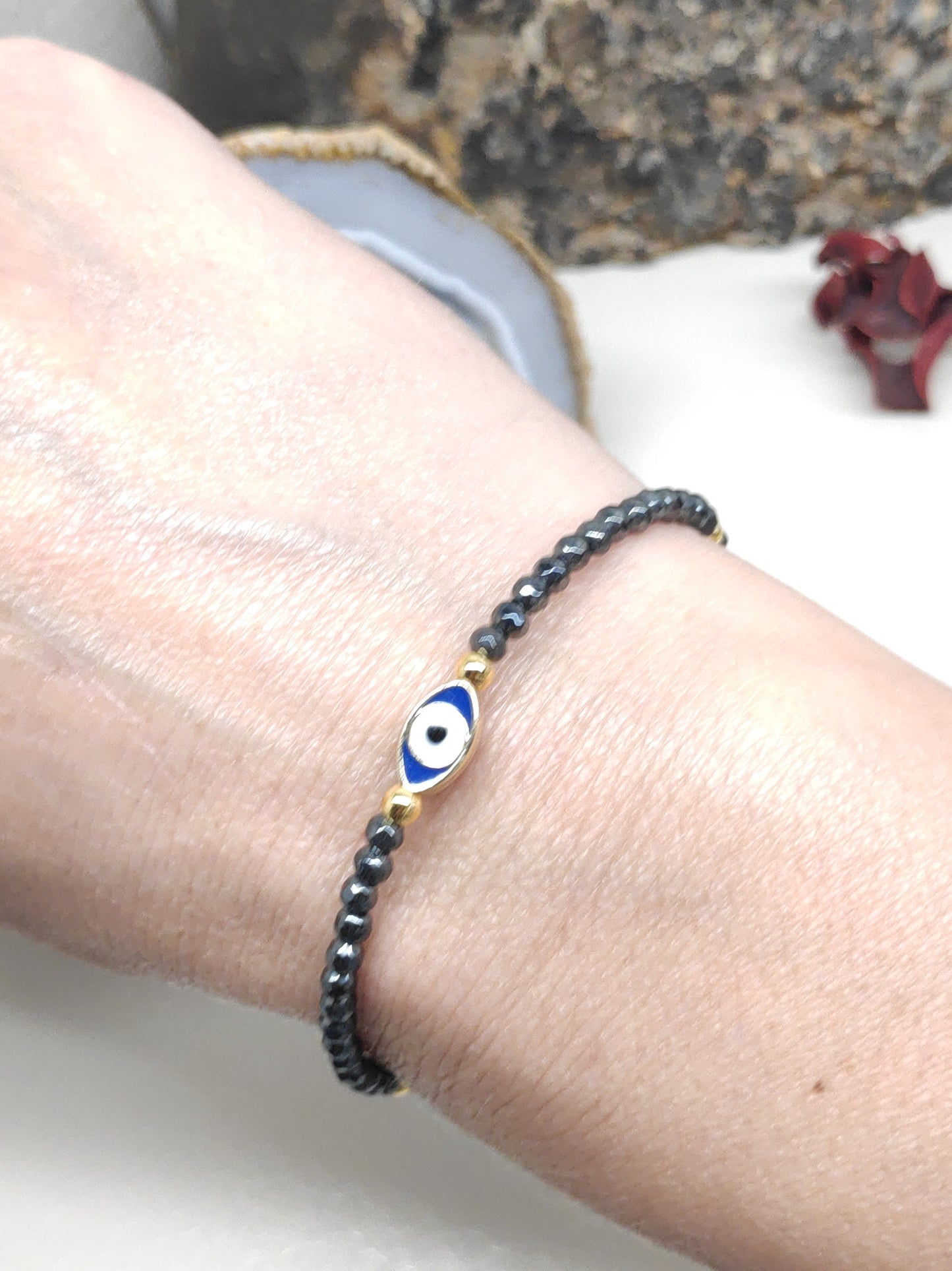 Evil eye bracelet, Faceted Hematite beaded bracelet,  Healing Stone  Grounding Protection Gemstone handmade jewelry, gift for girlfriend