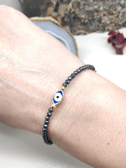 Evil eye bracelet, Faceted Hematite beaded bracelet,  Healing Stone  Grounding Protection Gemstone handmade jewelry, gift for girlfriend