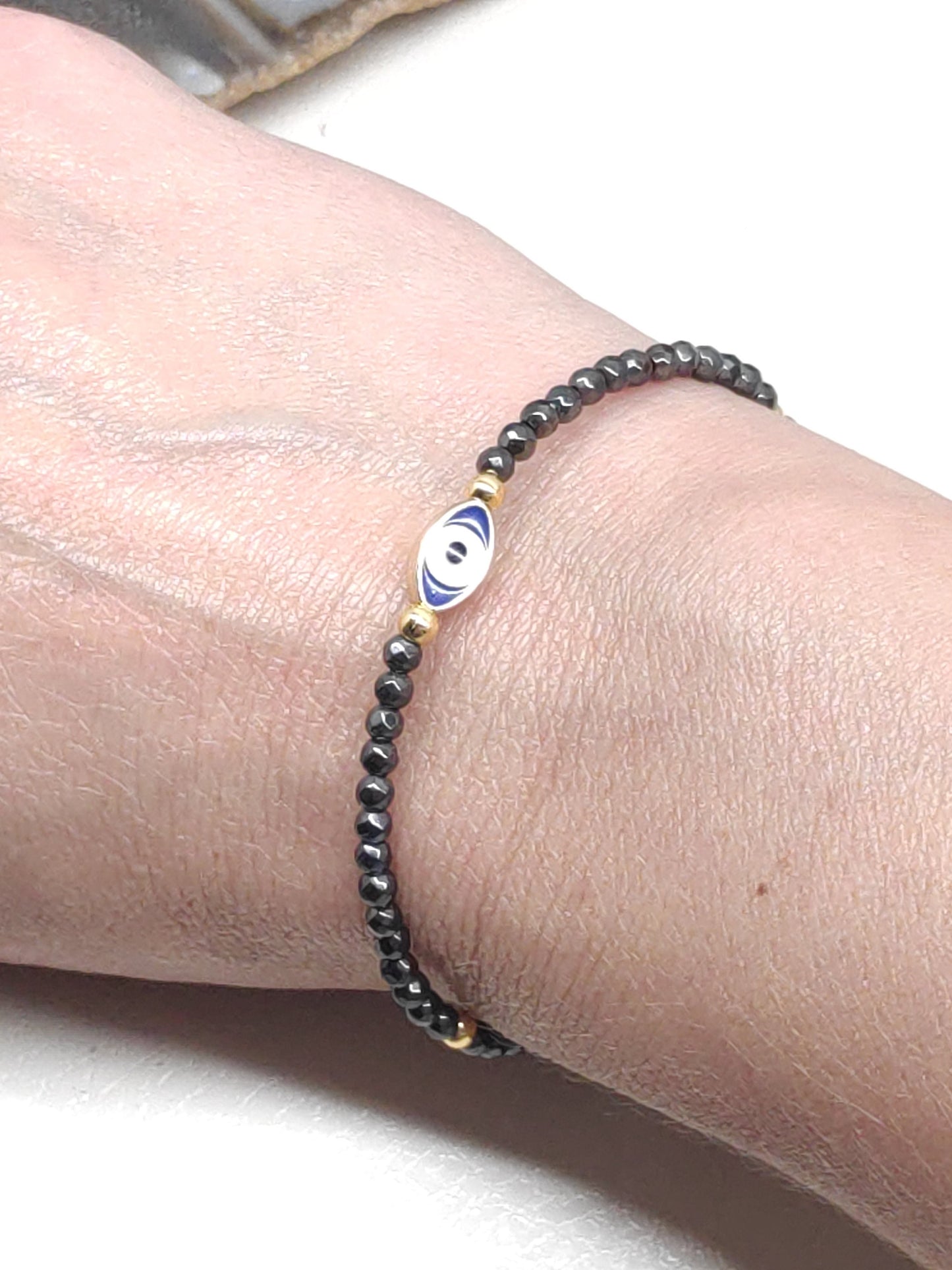 Evil eye bracelet, Faceted Hematite beaded bracelet,  Healing Stone  Grounding Protection Gemstone handmade jewelry, gift for girlfriend
