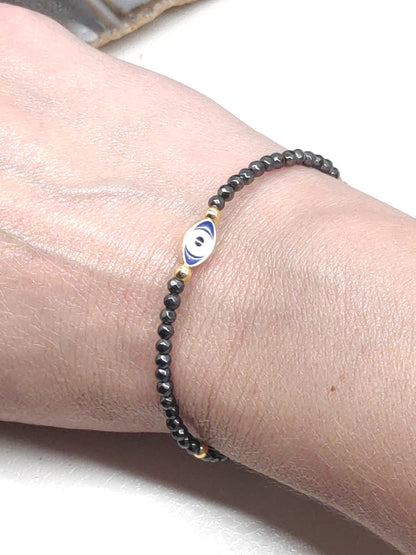 Evil eye bracelet, Faceted Hematite beaded bracelet,  Healing Stone  Grounding Protection Gemstone handmade jewelry, gift for girlfriend