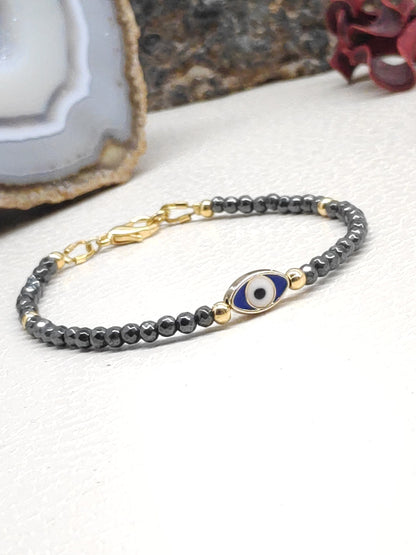 Evil eye bracelet, Faceted Hematite beaded bracelet,  Healing Stone  Grounding Protection Gemstone handmade jewelry, gift for girlfriend