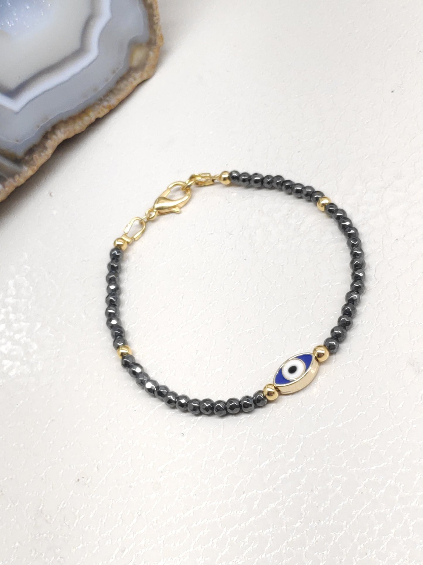 Evil eye bracelet, Faceted Hematite beaded bracelet,  Healing Stone  Grounding Protection Gemstone handmade jewelry, gift for girlfriend