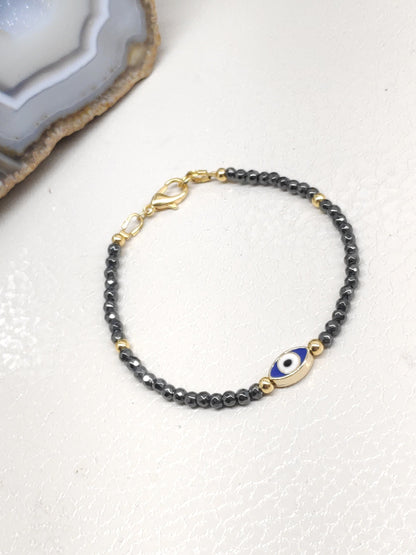 Evil eye bracelet, Faceted Hematite beaded bracelet,  Healing Stone  Grounding Protection Gemstone handmade jewelry, gift for girlfriend