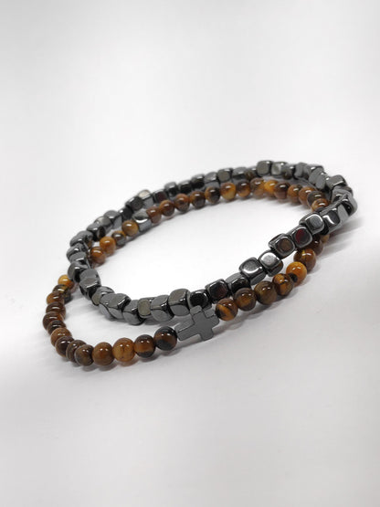 Hematite Cubes, Tiger eye beaded Stretch Bracelet Men, Natural Gemstone Balancing Energy Grounding Healing Protection Bracelet