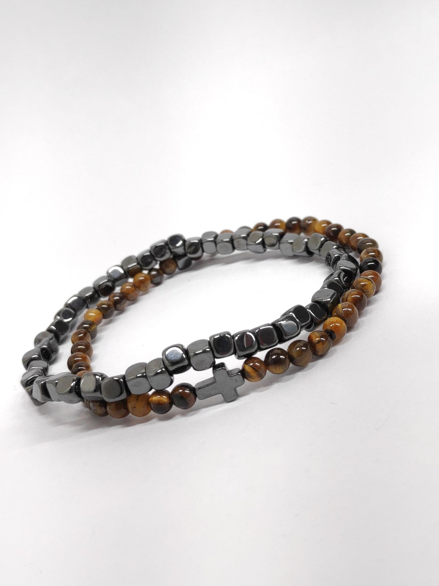 Hematite Cubes, Tiger eye beaded Stretch Bracelet Men, Natural Gemstone Balancing Energy Grounding Healing Protection Bracelet