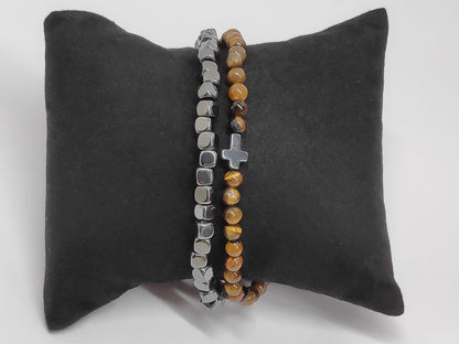 Hematite Cubes, Tiger eye beaded Stretch Bracelet Men, Natural Gemstone Balancing Energy Grounding Healing Protection Bracelet