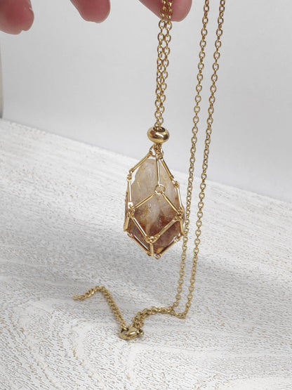 Raw Amethyst, Raw Citrine Necklace crystal Cage Pendant,Crystal Holder Pendant Necklace,Natural Amethyst Pendant Protection Healing Gemstone