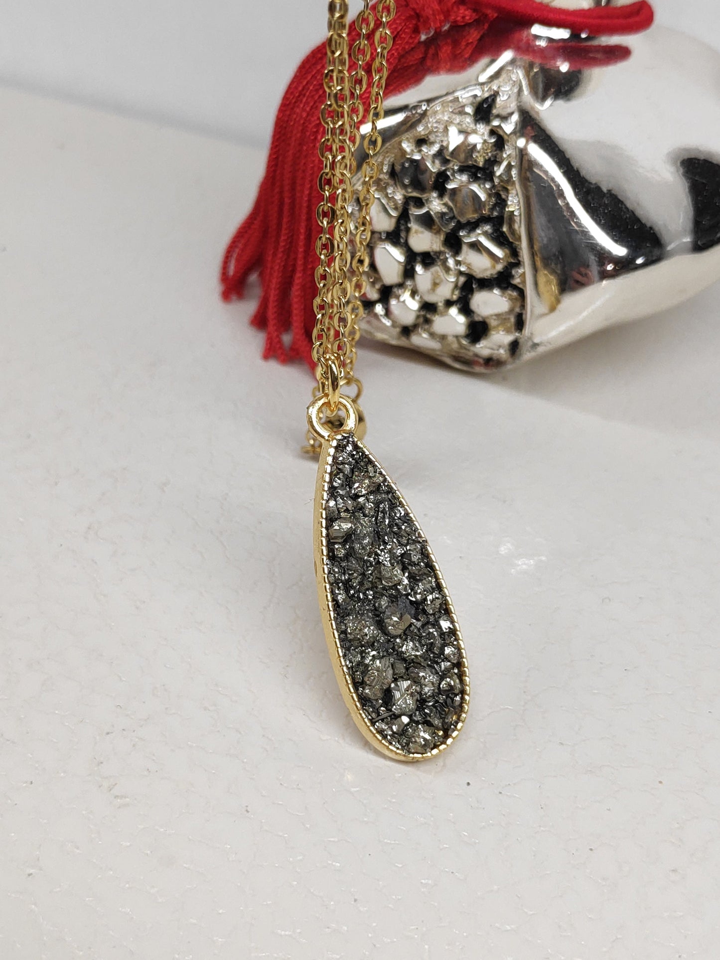 Drop pendant Raw Pyrite Cubes Necklace, Wealth stone Necklace, Handmade Protection Jewellery, Drop shape Iron Pyrite Pendant Necklace