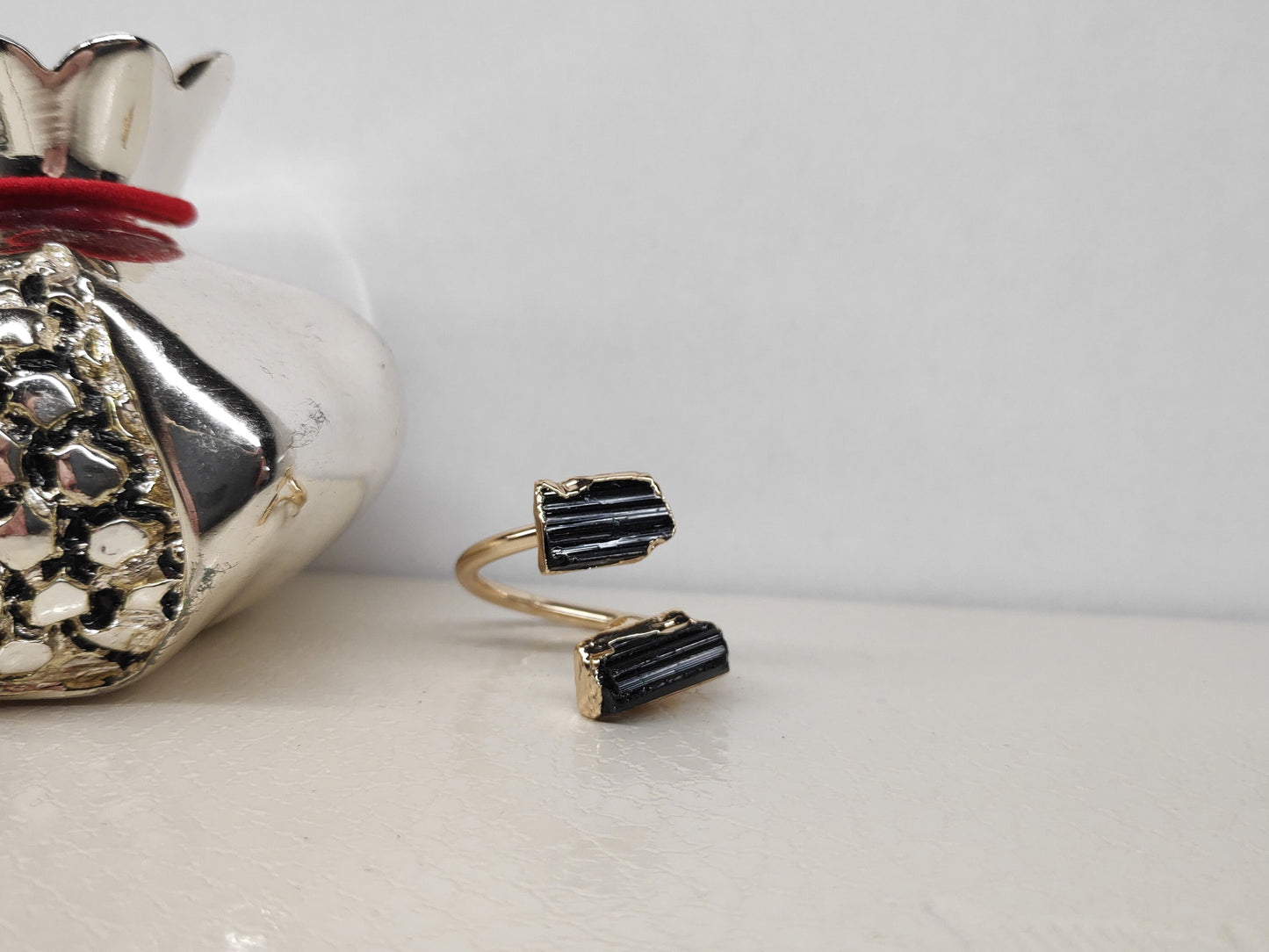 Raw Black Tourmaline adjustable ring, Reiki antique, black crystal, fashion dainty elegant women protection stone finger ring