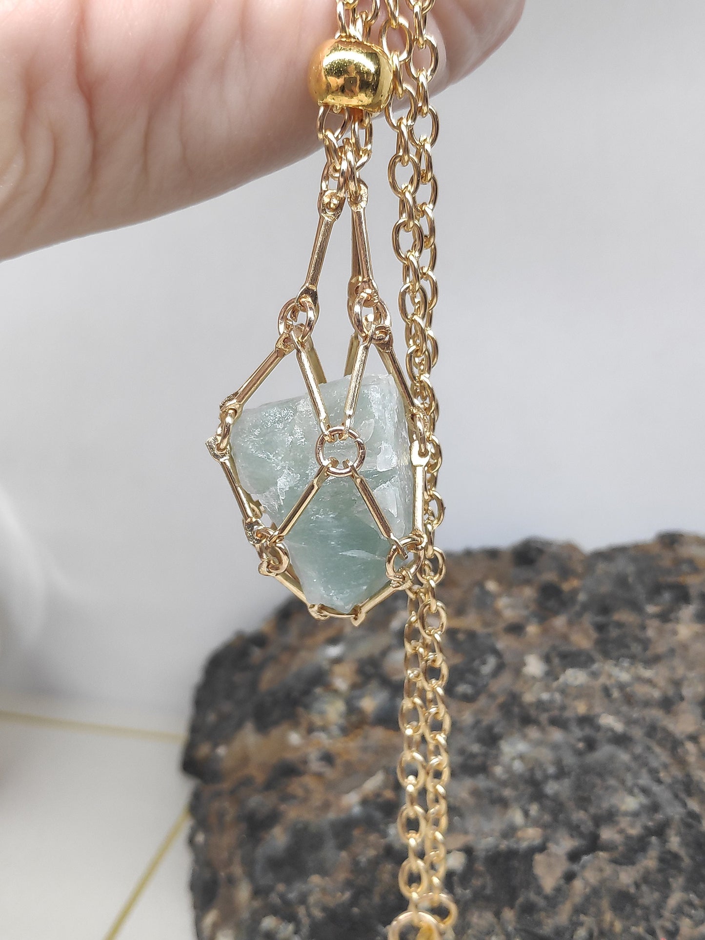 Natural Raw Aquamarine Necklace, Steel Cage Holder Crystal Pendant Necklace, Rough Aquamarine Necklace, Protection Healing Crystal Jewelry