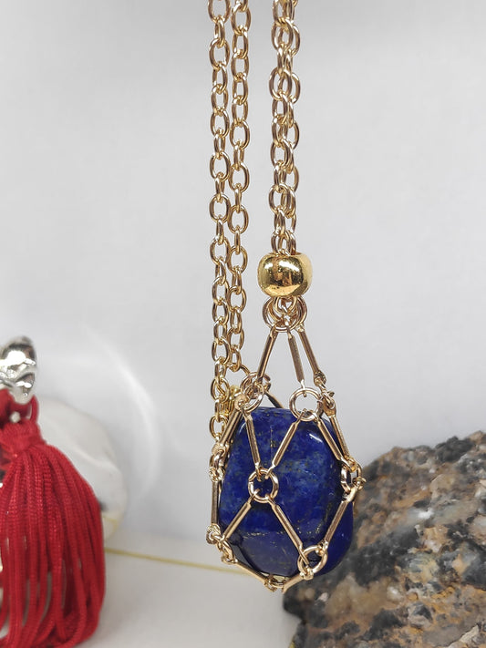 Lapis lazuli Necklace, Metal Cage Crystal Holder Pendant Necklace, Natural Lapis Pendant, Gemstone,Protection Healing, lapis Jewelry