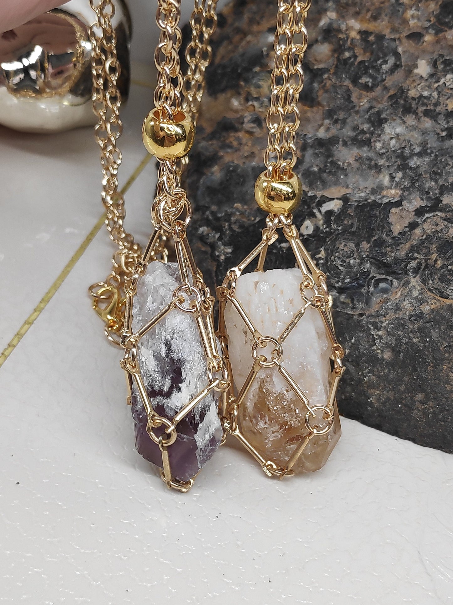 Raw Amethyst, Raw Citrine Necklace crystal Cage Pendant,Crystal Holder Pendant Necklace,Natural Amethyst Pendant Protection Healing Gemstone