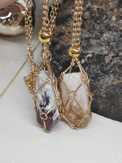 Raw Amethyst, Raw Citrine Necklace crystal Cage Pendant,Crystal Holder Pendant Necklace,Natural Amethyst Pendant Protection Healing Gemstone