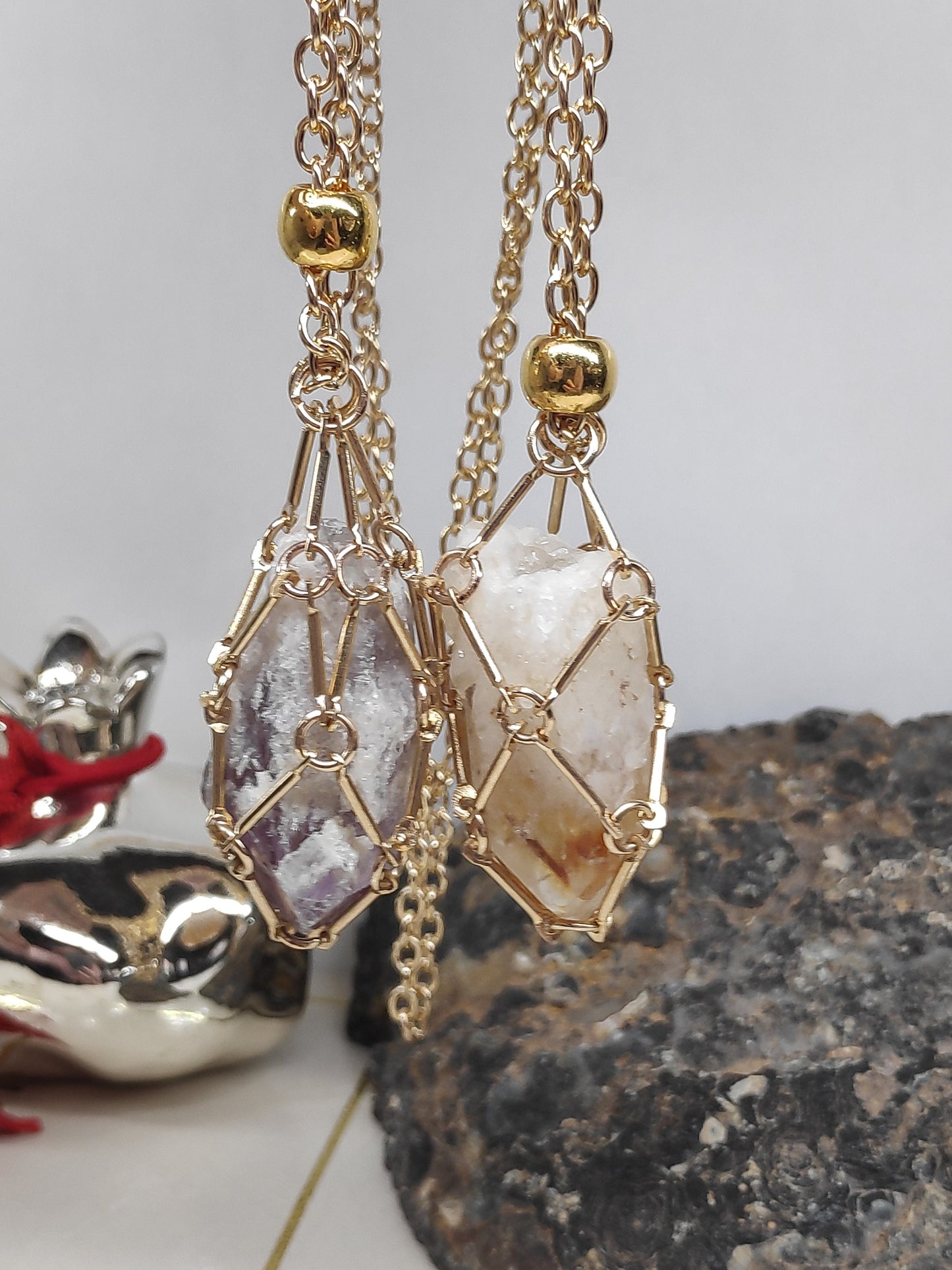 Raw Amethyst, Raw Citrine Necklace crystal Cage Pendant,Crystal Holder Pendant Necklace,Natural Amethyst Pendant Protection Healing Gemstone