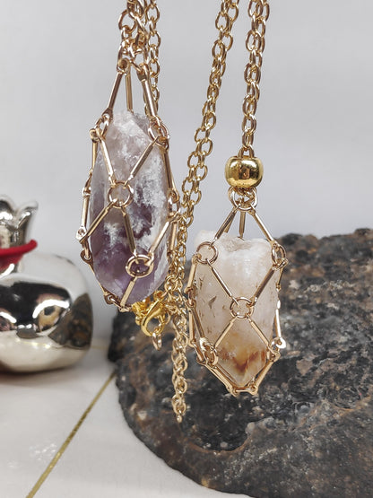 Raw Amethyst, Raw Citrine Necklace crystal Cage Pendant,Crystal Holder Pendant Necklace,Natural Amethyst Pendant Protection Healing Gemstone
