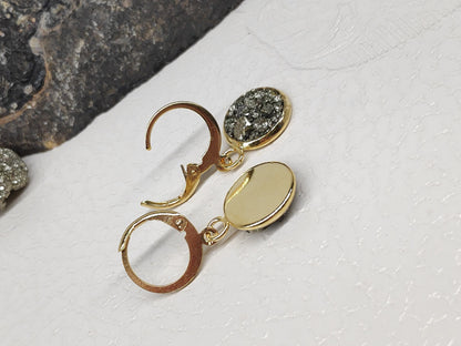 Natural Raw Iron Pyrite Cluster Cubes Earrings, Stainless steel, gold plated, Handmade Healing Protection Bohemian Trendy Dainty Elegant Gem