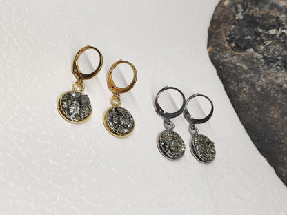 Natural Raw Iron Pyrite Cluster Cubes Earrings, Stainless steel, gold plated, Handmade Healing Protection Bohemian Trendy Dainty Elegant Gem