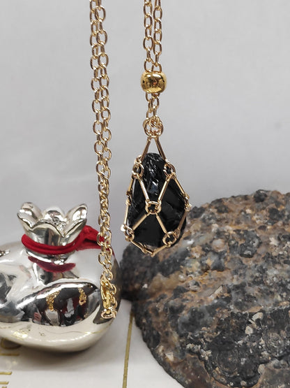 Raw Obsidian Necklace, Stainless Steel Cage Replaceable Crystal Pendant Necklace, Rough Black Obsidian Pendant, Protection Jewelry women