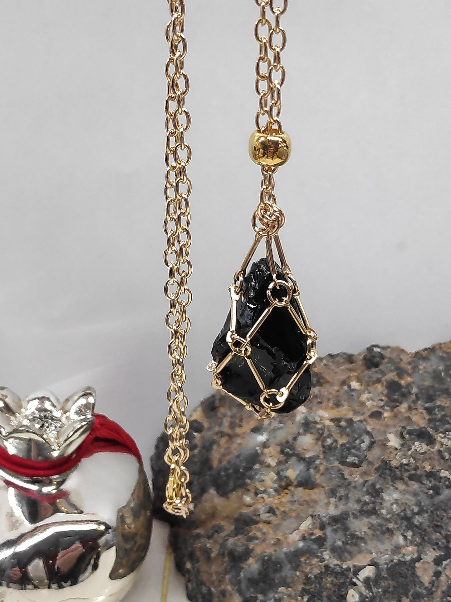 Raw Obsidian Necklace, Stainless Steel Cage Replaceable Crystal Pendant Necklace, Rough Black Obsidian Pendant, Protection Jewelry women