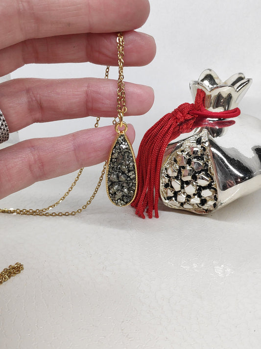 Drop pendant Raw Pyrite Cubes Necklace, Wealth stone Necklace, Handmade Protection Jewellery, Drop shape Iron Pyrite Pendant Necklace