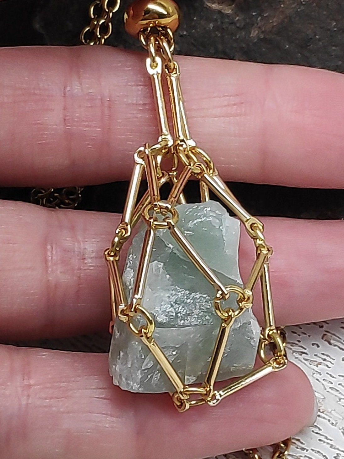 Natural Raw Aquamarine Necklace, Steel Cage Holder Crystal Pendant Necklace, Rough Aquamarine Necklace, Protection Healing Crystal Jewelry