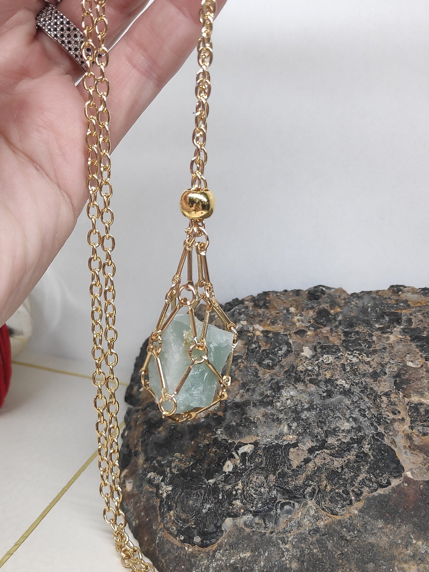 Natural Raw Aquamarine Necklace, Steel Cage Holder Crystal Pendant Necklace, Rough Aquamarine Necklace, Protection Healing Crystal Jewelry