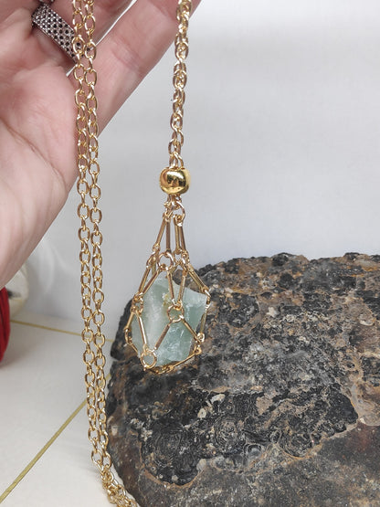 Natural Raw Aquamarine Necklace, Steel Cage Holder Crystal Pendant Necklace, Rough Aquamarine Necklace, Protection Healing Crystal Jewelry