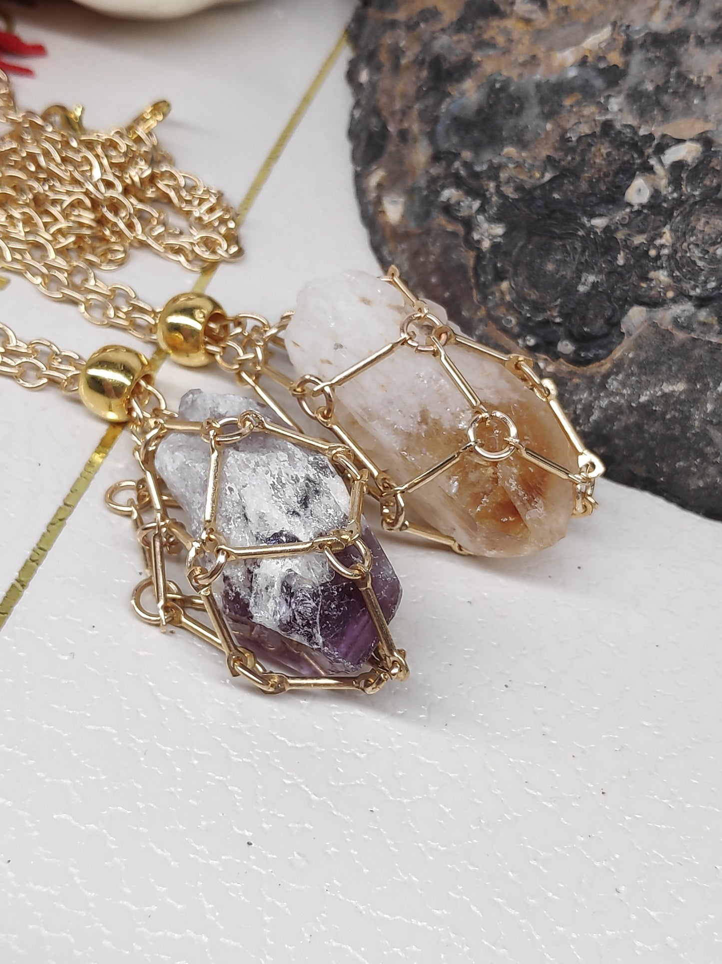 Raw Amethyst, Raw Citrine Necklace crystal Cage Pendant,Crystal Holder Pendant Necklace,Natural Amethyst Pendant Protection Healing Gemstone